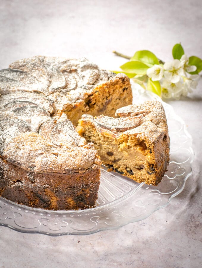 Oaty Vegan Apple Cake A slice cut out of easy vegan apple cake