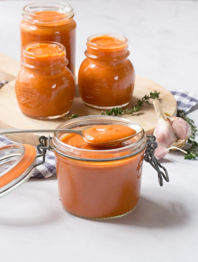 Homemade Arrabbiata spooned out of jar