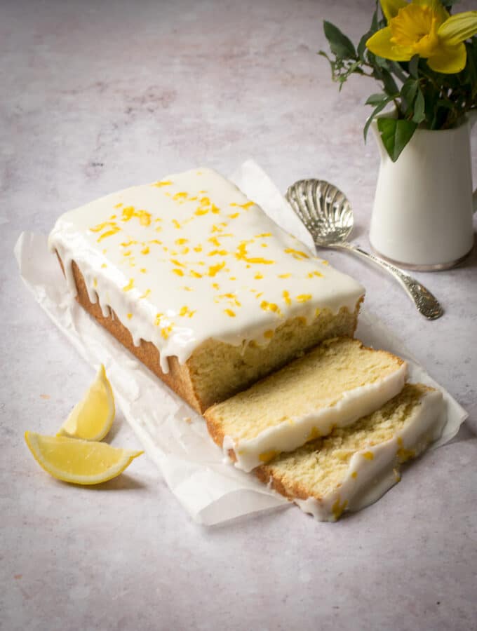 Lemon Drizzle sliced with icing