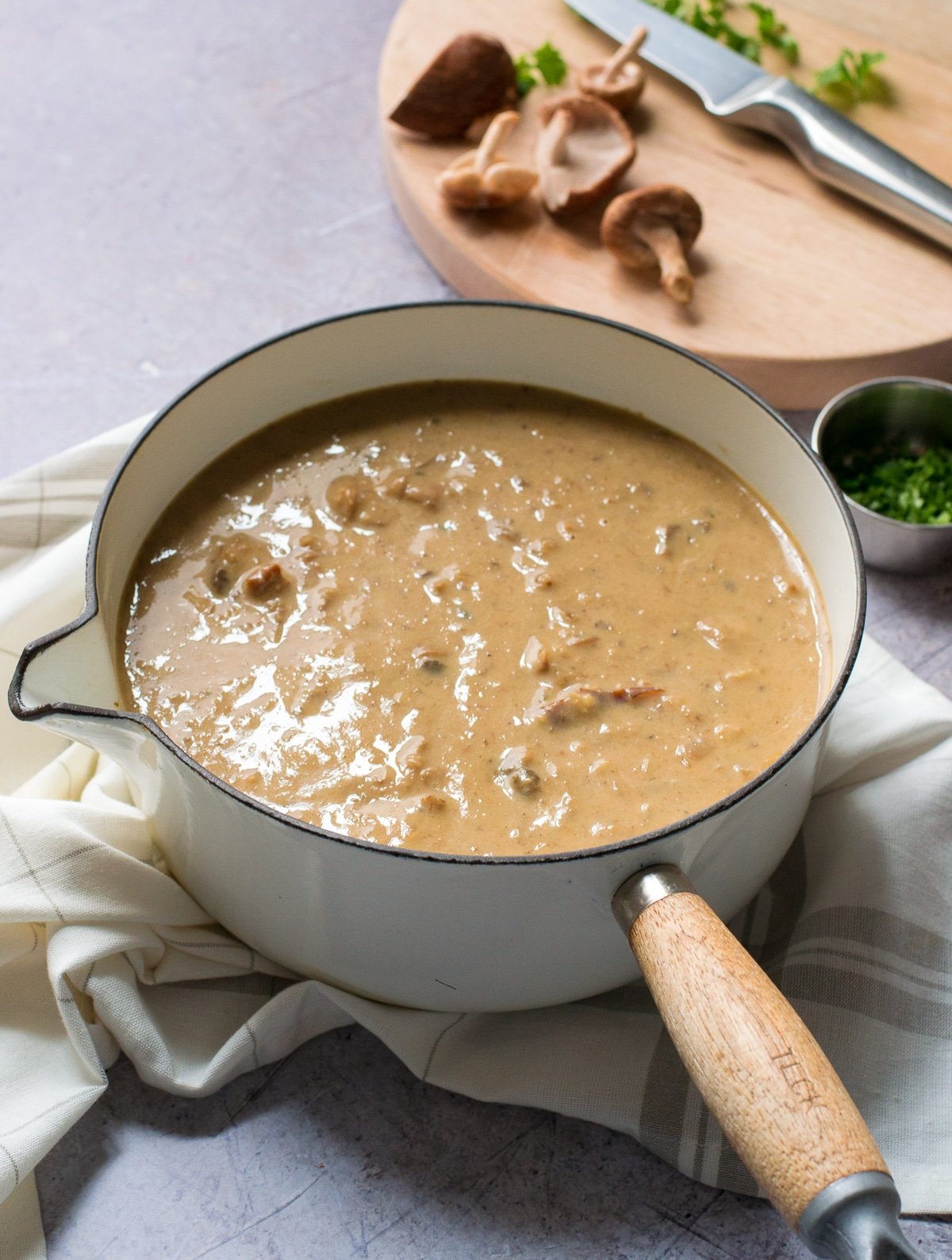 Saucepan of vegan mushroom soup
